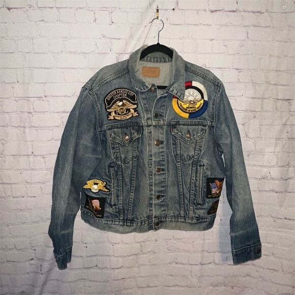Vintage 80s Levi's Men's Harley Davidson Denim Motorcycle Jacket L with Patches - Picture 1 of 16